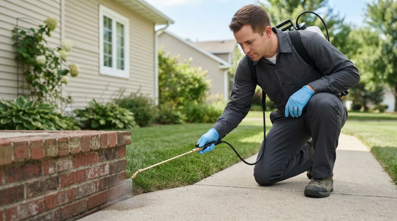 Pest control technician treating a home near North Granby, CT